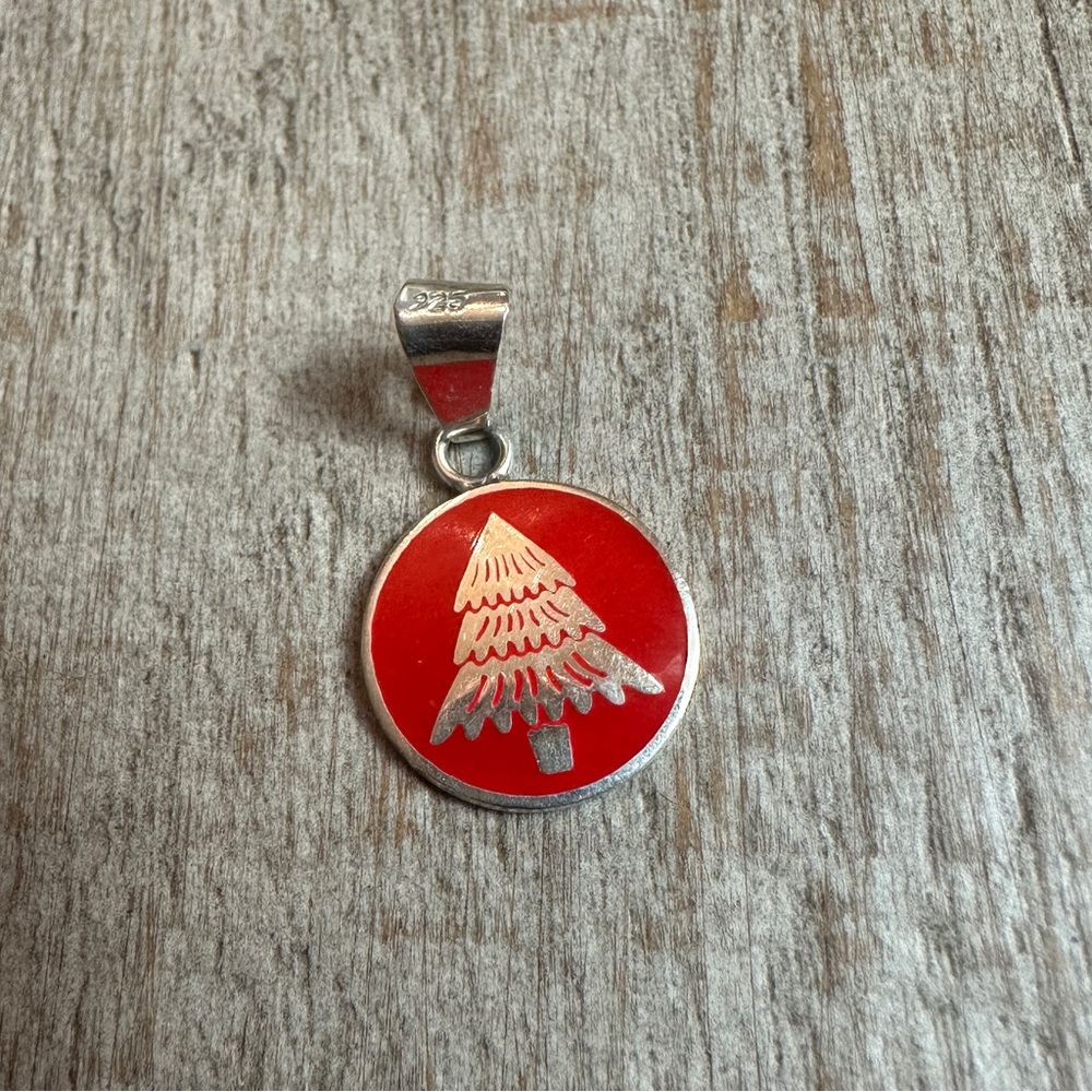 sterling silver and red enamel Christmas tree pendant